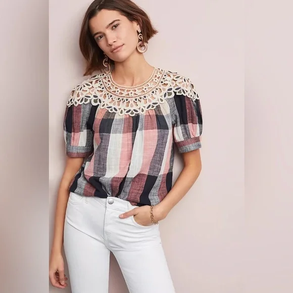 Anthropologie Pink and Black Puff Sleeve Blouse with Bib Collar - Picture 2 of 13